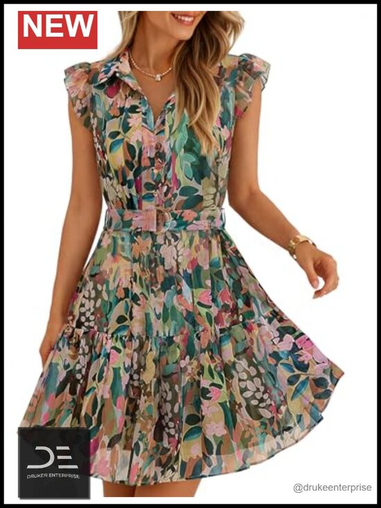 Dresses & Skirts - Womens Floral Chiffon Summer Beach Mini Dress with Belt